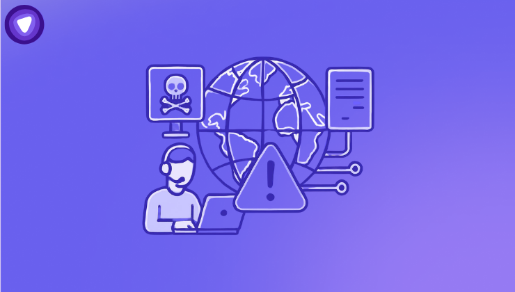 A purple cybersecurity graphic showing a IT support specialist with a headset working at a laptop.