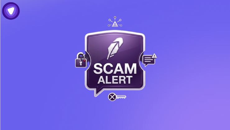 A purple shield graphic with a white Robinhood feather logo and the words "SCAM ALERT" surrounded by small security icons.