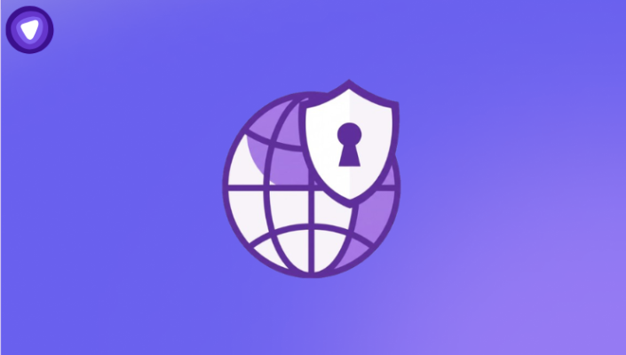 A minimal purple and white icon of a globe with a cybersecurity shield and keyhole.