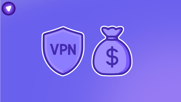 An illustration of a VPN shield icon next to a money bag icon with a dollar sign on a purple gradient background.