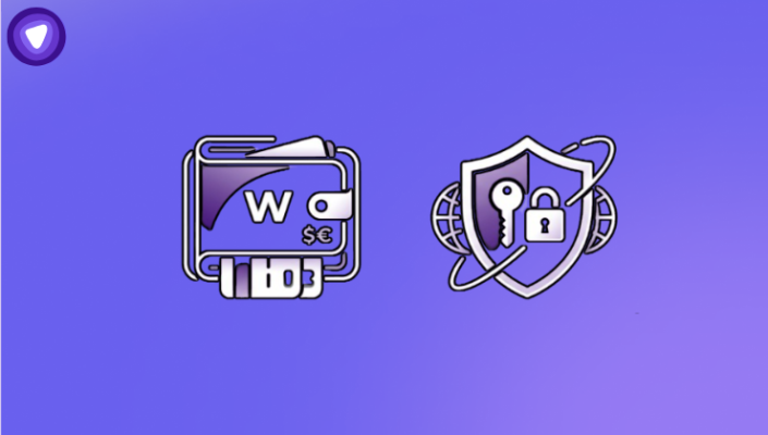 Minimalist purple and white graphic side-by-side icons representing a digital wallet and a VPN shield.