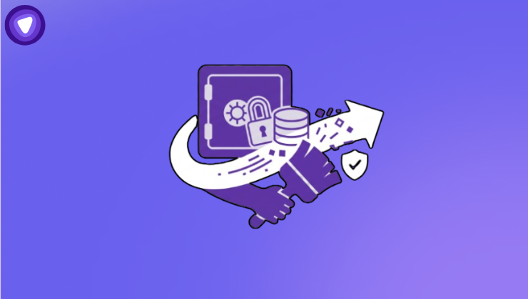 Minimal purple and white graphic illustrating data broker removal with a safe, lock, and cleaning brush icon.