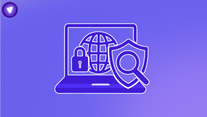 Purple cybersecurity graphic showing a laptop with a globe, a padlock, and a shield with a magnifying glass.