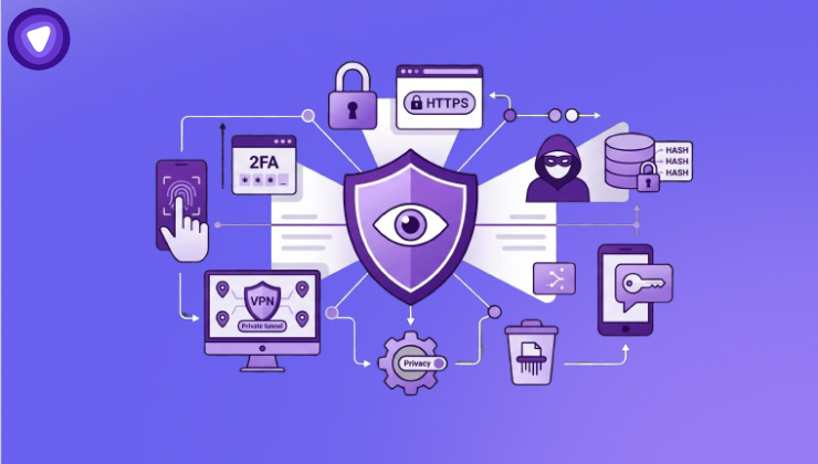 A complex diagram illustrating digital privacy and data security.