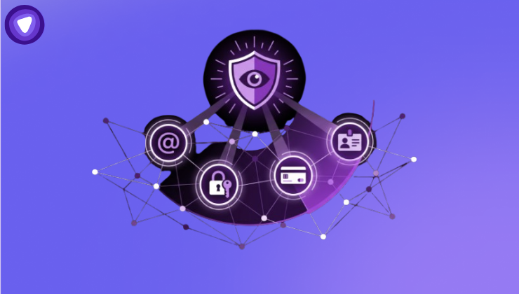 An eye inside a protective shield scanning a network of data icons, representing dark web monitoring.