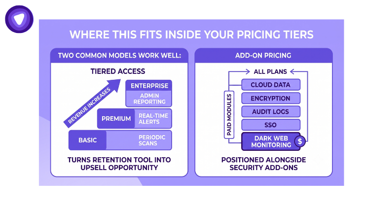 An infographic showing two models: "Tiered Access" (Basic, Premium, Enterprise tiers showing increasing revenue) and "Add-on Pricing" (paid modules like Cloud Data, Encryption, and Dark Web Monitoring positioned alongside security add-ons).