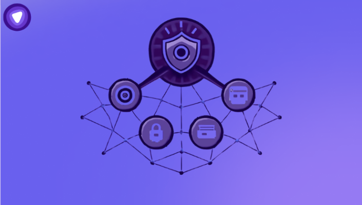 A purple and blue security icon, with a shield and four surrounding icons, including a padlock and cloud.