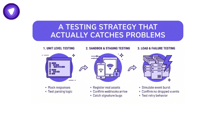 Three-stage testing strategy covering unit, sandbox, and load testing.