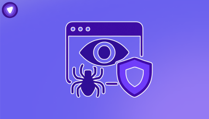 Purple and white vector illustration of a web browser window containing a stylized eye, with a spider and a security shield in the foreground on a purple gradient background.