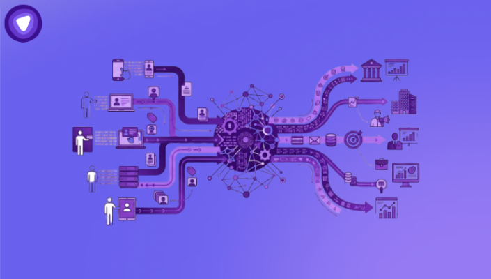 An abstract purple infographic showing various user data inputs on the left flowing into a central data network hub, which then distributes information to business, finance, and analytics outputs on the right.