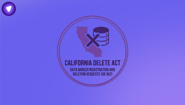 A minimal logo for the "California Delete Act" featuring a purple map of California with a deletion "X" next to a database icon, enclosed in a purple circle on a solid background.
