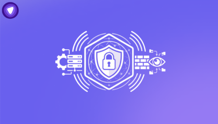 Minimalist purple and white cybersecurity icon suite featuring a central shield and padlock.