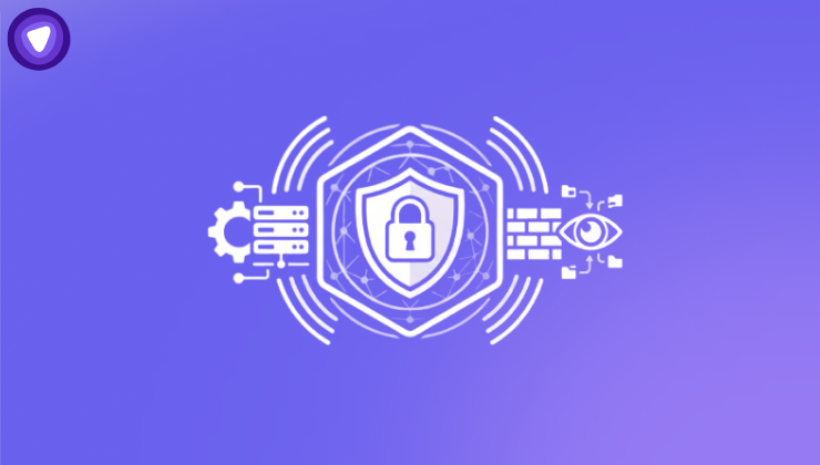 Minimalist purple and white cybersecurity icon suite featuring a central shield and padlock.