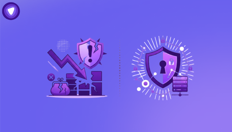 Minimalist purple and white graphic illustrating a data penalty (left) and strong data protection (right).