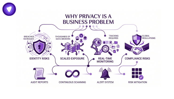 Infographic outlining why privacy is a business problem, covering identity, scaled exposure, monitoring, and compliance risks.