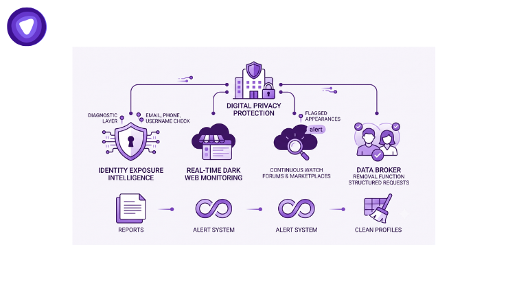 A minimalist infographic in purple and white illustrating a "Digital Privacy Protection" framework for businesses.