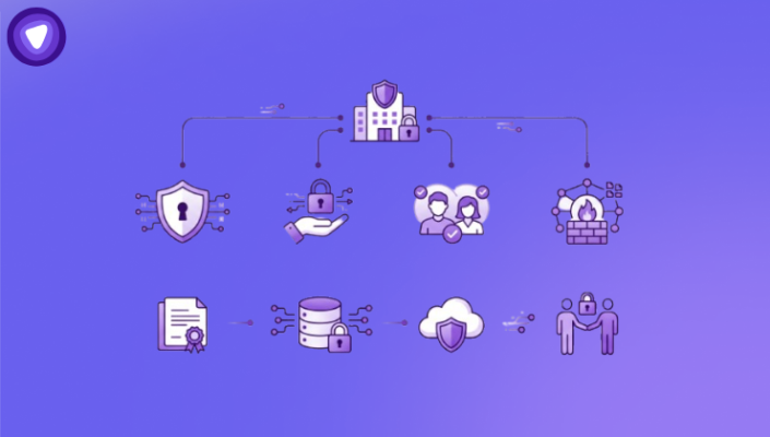 Minimalist purple and white infographic featuring business digital privacy and data security icons with no text on a plain light background.