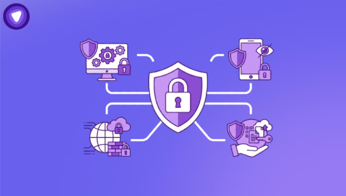 Minimal purple and white infographic showing digital privacy protection, featuring a central lock and shield icon connected to various security symbols (computer, phone, globe, and cloud data).