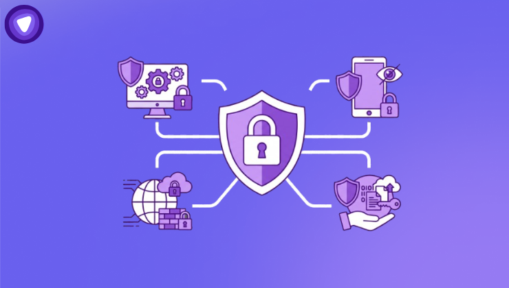Minimal purple and white infographic showing digital privacy protection, featuring a central lock and shield icon connected to various security symbols (computer, phone, globe, and cloud data).