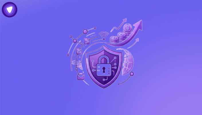 Purple and white graphic of a security shield with a padlock, surrounded by data icons and an upward-trending arrow with coins, symbolizing privacy protection as a revenue stream.
