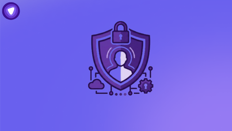 Minimal purple and white icon featuring a user silhouette inside a protective shield with a padlock.
