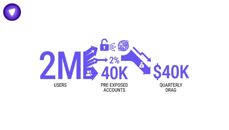 Minimalist purple and white infographic showing a flow chart: "2M Users" funnels down to "2% / 40K Pre-Exposed Accounts," which leads to "$40K Quarterly Drag."