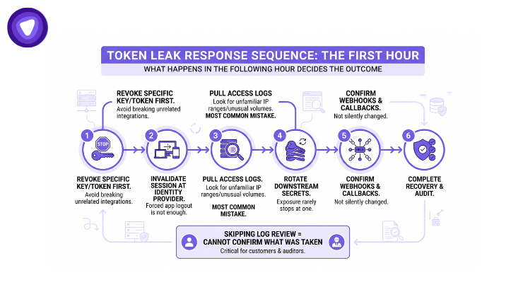 A clean, minimal infographic illustrating a token leak response sequence.