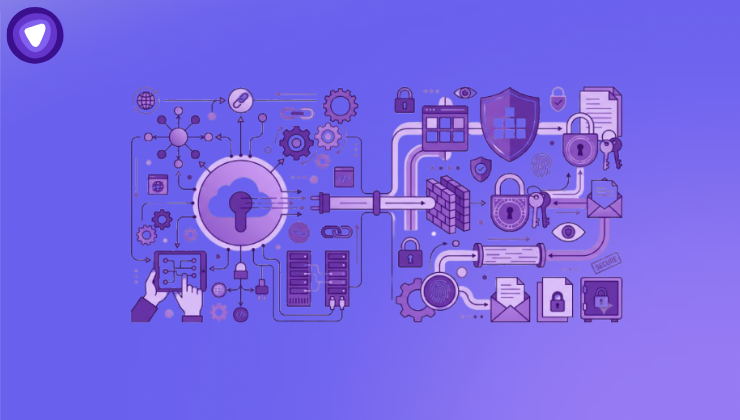 Purple and white minimalist infographic showing API integration and data protection concepts.