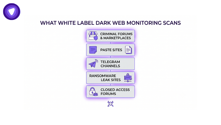An infographic with five purple boxes on a white background, detailing dark web monitoring types.