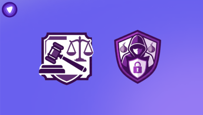 Minimalist purple and white graphic showing a legal scale and gavel alongside a hooded dark web icon, with no background.