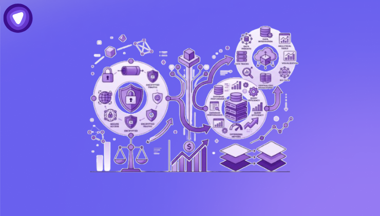Minimalist purple and white infographic showing connected icons for network security, data management, and financial growth.