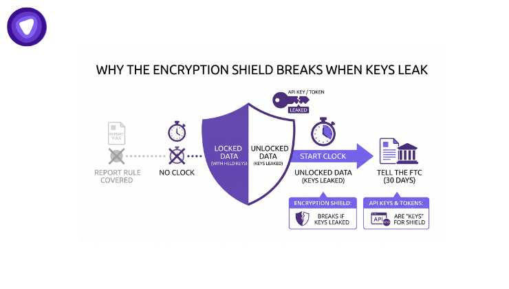 Graphic explaining how leaked encryption keys invalidate the encryption shield under FTC rules.