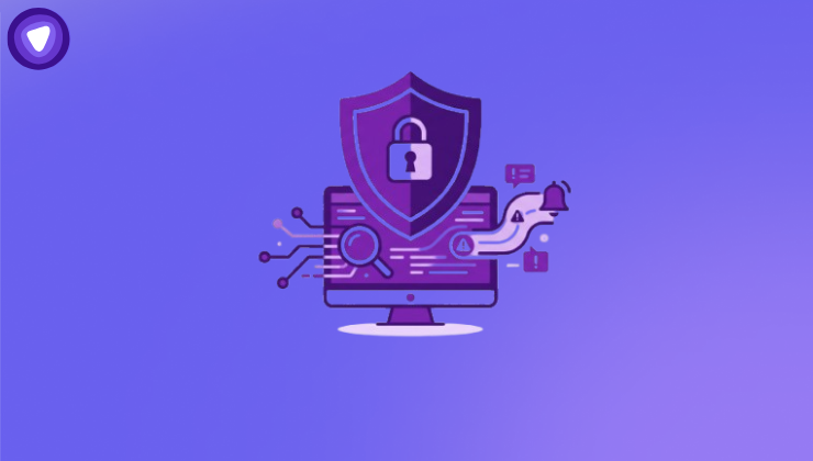 A minimal purple and white graphic featuring a computer monitor, a magnifying glass, notification symbols, and a central security shield with a padlock.
