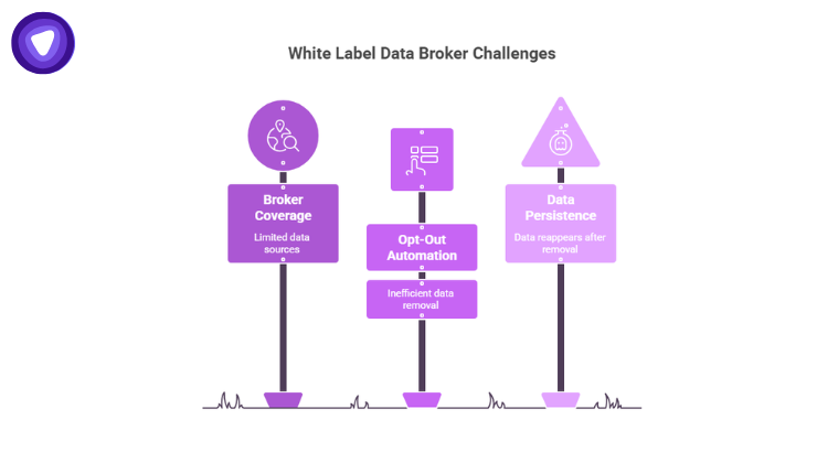Infographic showing three data broker challenges as purple signs.
