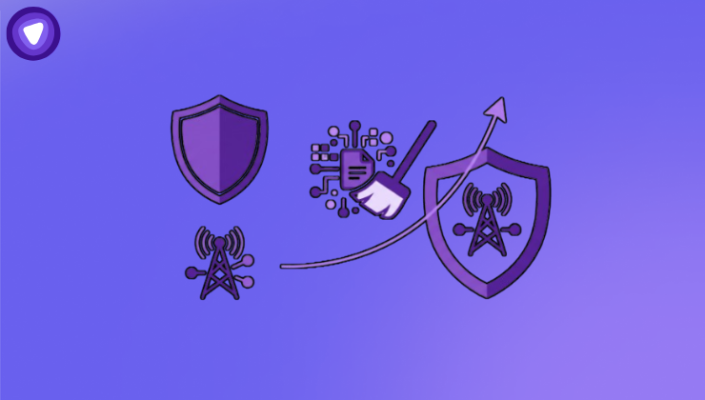 A purple background featuring a shield, sword, and various symbols representing strength and protection.