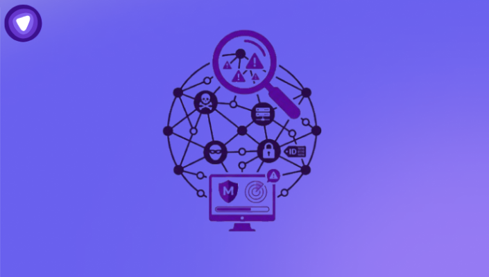 A purple background featuring a magnifying glass and a computer, symbolizing search and technology.