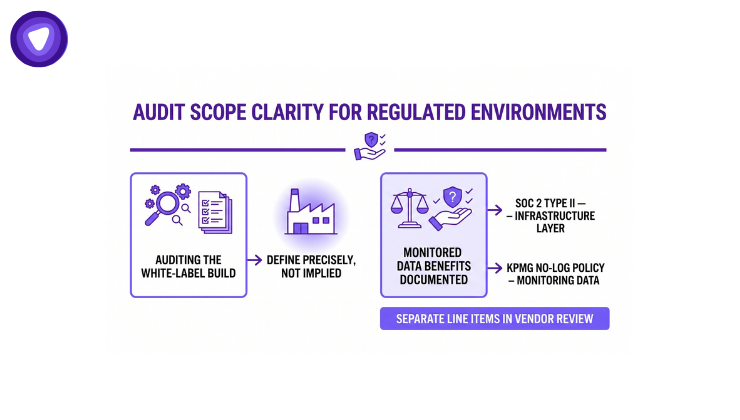 Graphic featuring purple and white colors with the text "Audit Score Clarity for Regulated Environments."