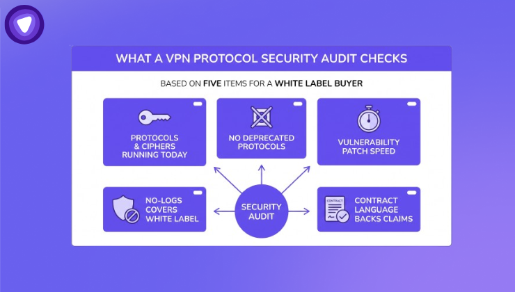 This image highlights 5 core checks for a white-label buyer: Active Protocols & Ciphers, No Deprecated Protocols, Patch Speed, No-Logs Audit Coverage, and Contract Backing.