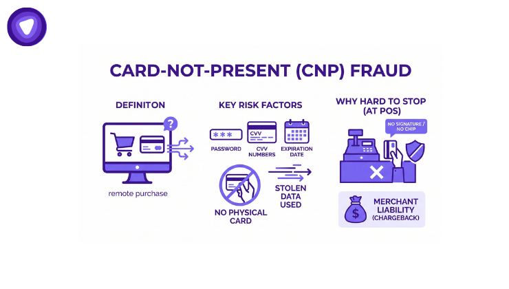 A clean purple infographic with three columns explaining Card-Not-Present (CNP) fraud: Definition, Key Risk Factors, and Why Hard to Stop.
