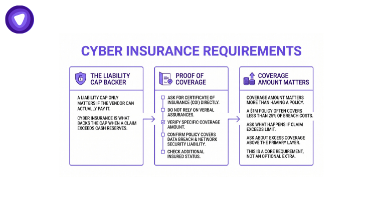 An infographic illustrating essential cyber insurance requirement checks for vendor contracts in three key steps: a liability cap backer, proof of coverage, and coverage amount matters.