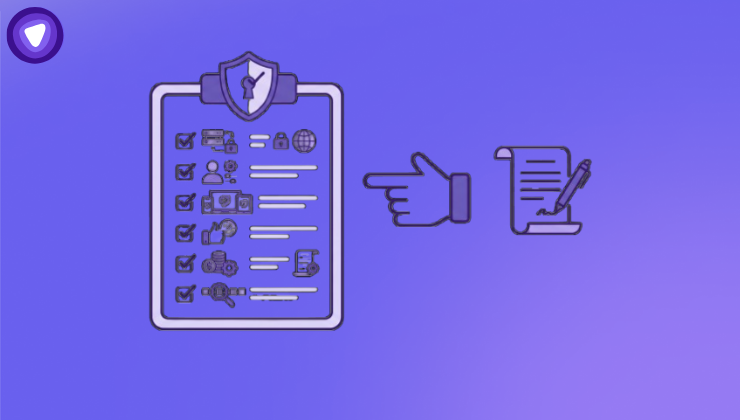 A minimalist purple and white illustration featuring a checklist on a clipboard with a shield icon, alongside a contract and pen.