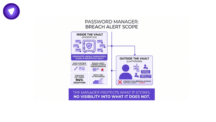 Infographic showing "PASSWORD MANAGER: BREACH ALERT SCOPE." It's split into "INSIDE THE VAULT" with stored, encrypted passwords that the manager protects and "OUTSIDE THE VAULT," which includes untracked logins that are visible to hackers.