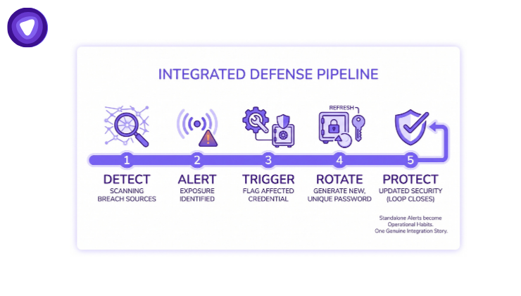 A five-step infographic in purple and white, illustrating an 'INTEGRATED DEFENSE PIPELINE.' The steps are DETECT (scanning for breaches), ALERT (identifying exposure), TRIGGER (flagging credentials), ROTATE (generating new passwords), and PROTECT (updating security in a closed loop).