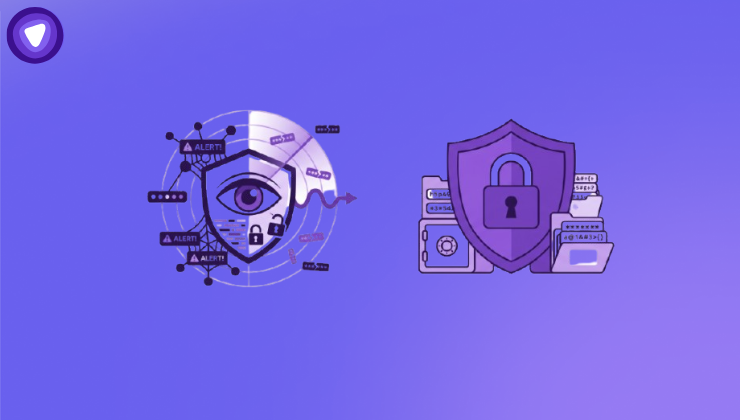 A minimalist purple and white illustration featuring two cybersecurity concepts: an eye inside a radar shield representing credential monitoring, and a padlock shield with file vaults representing a password manager.