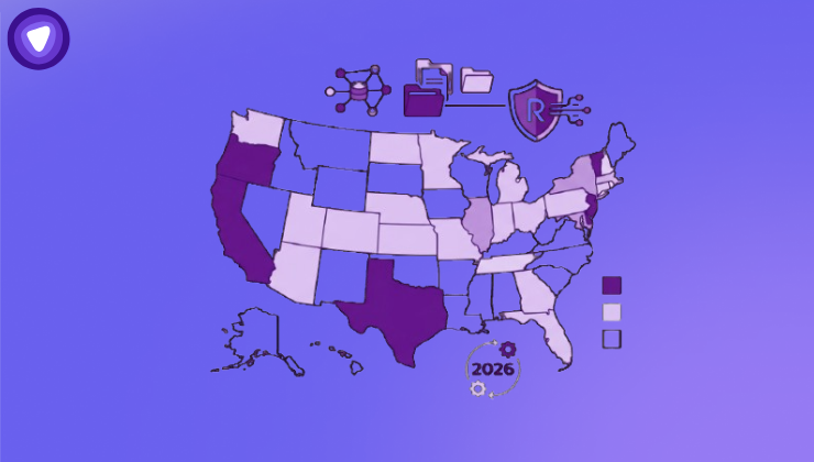 A US map graphic featuring data broker network icons and a 2026 compliance badge in purple on a white background.