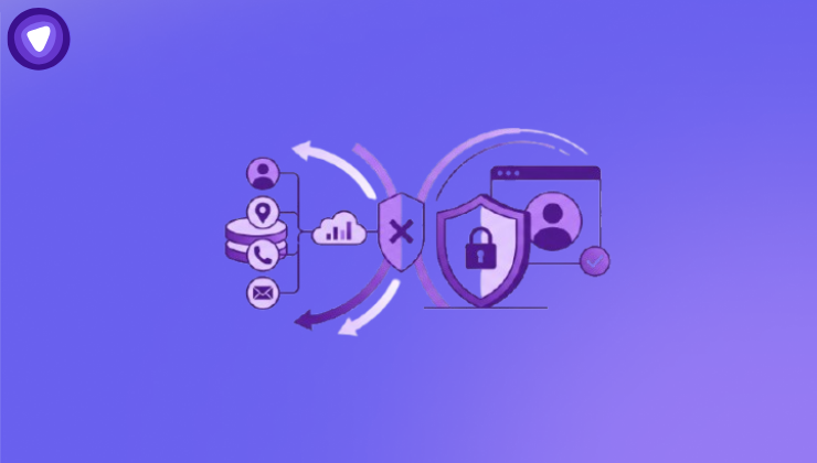 Purple and white minimalist vector graphic showing data nodes disconnected from a user account profile shield.
