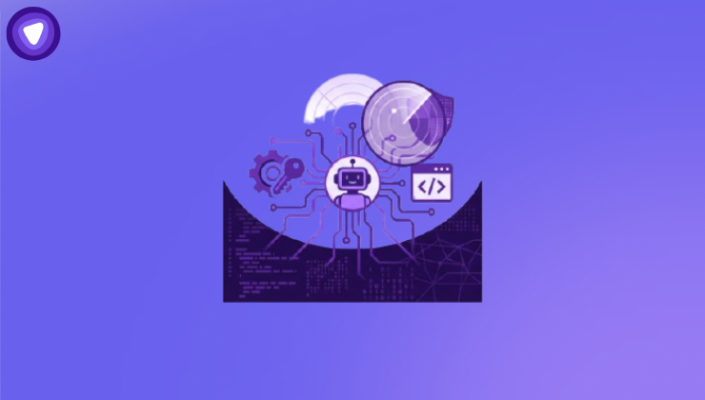 Minimalist purple and white graphic illustrating non-human identity security, featuring a central bot icon connected to API keys, code brackets, and a monitoring radar scoop set against a clean white background.
