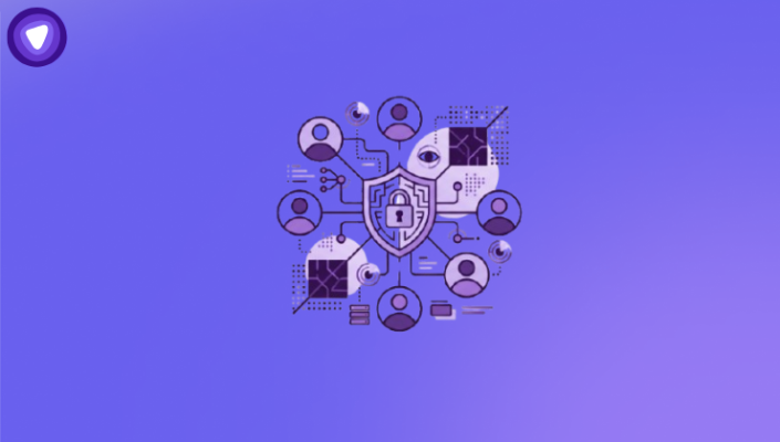 A central purple security shield with a padlock surrounded by connected user profile icons and monitoring elements on a white background.