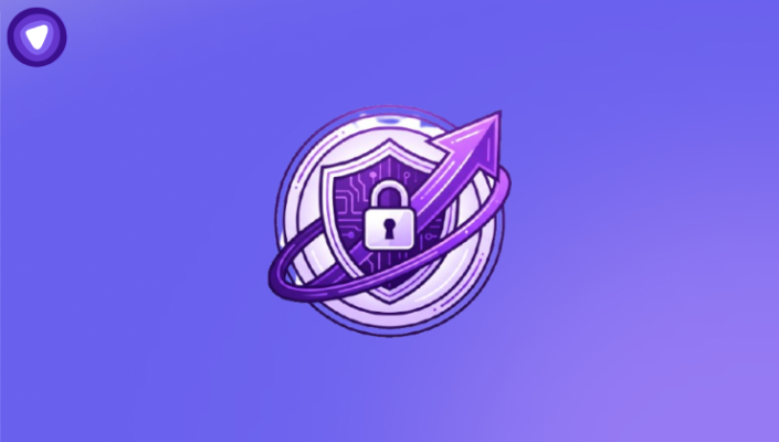 Purple and white minimalist graphic of a security shield and padlock with an upward-trending arrow.