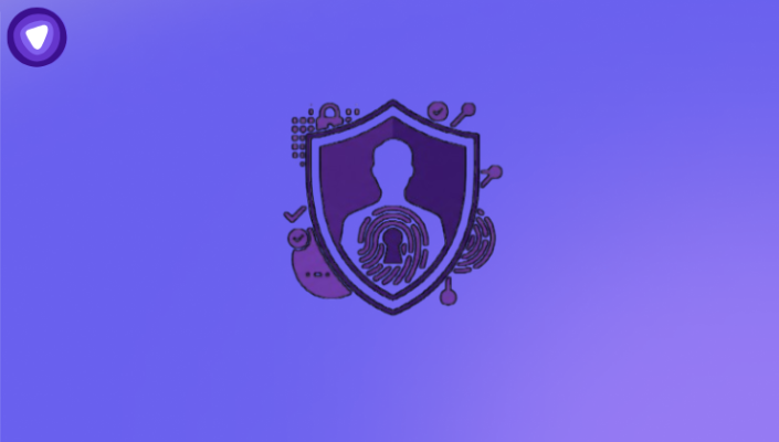 Purple and white minimalist graphic of a security shield, employee silhouette, and digital fingerprint.